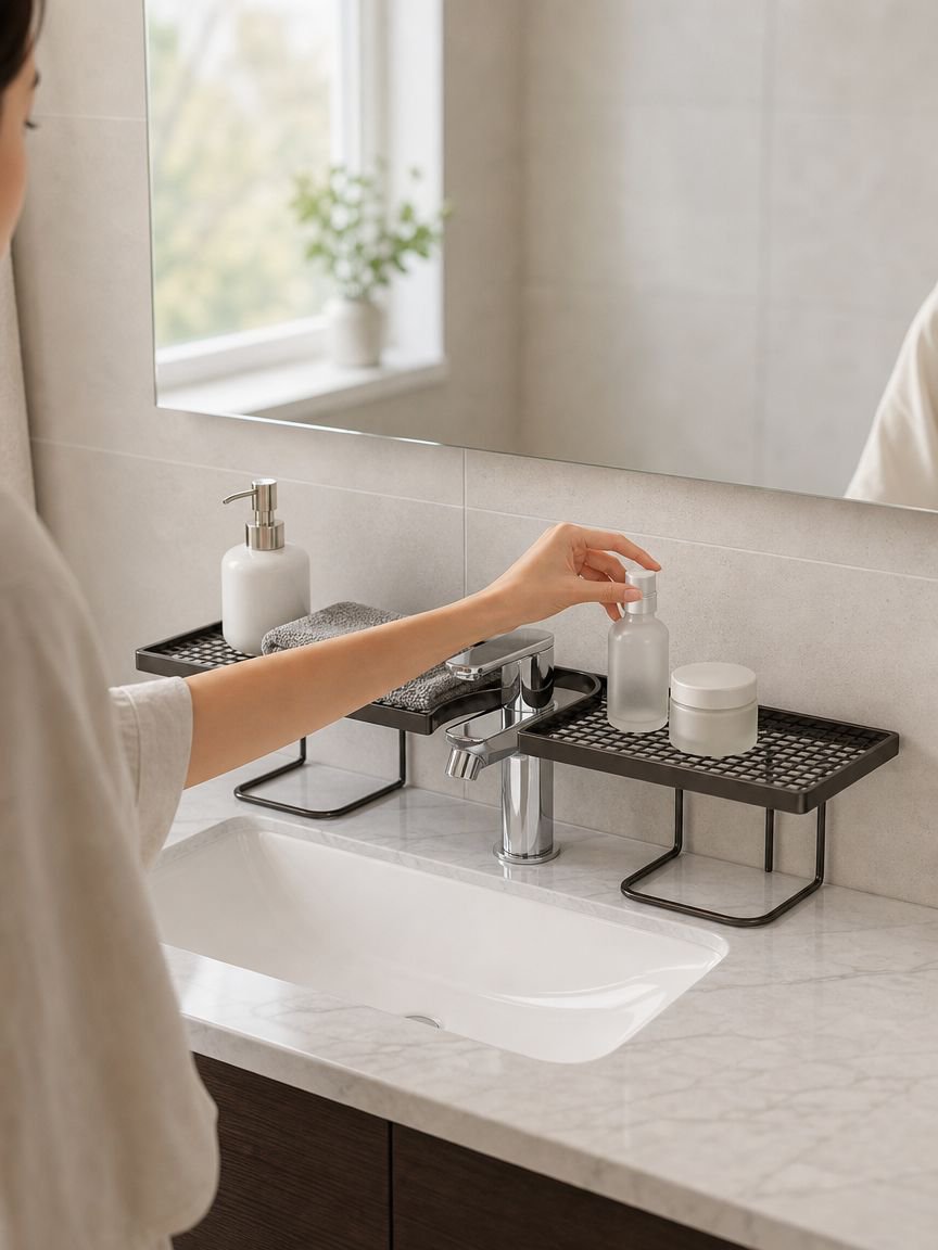 Luxury bathroom organizer shelf under washbasin