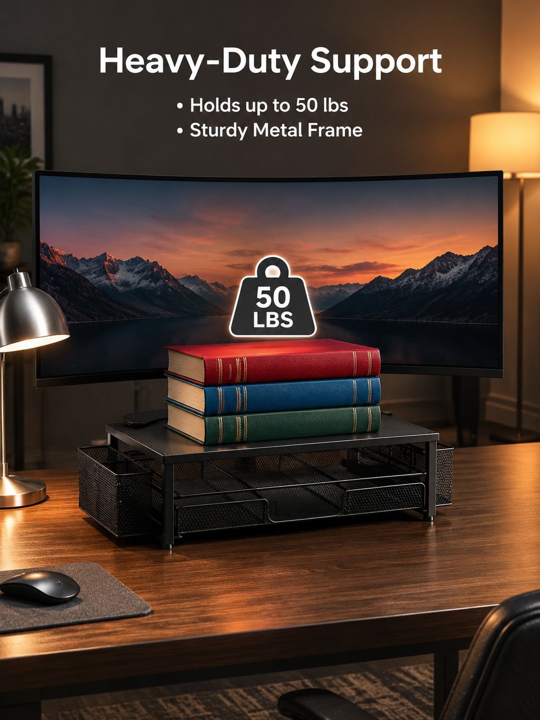 Dual-Layer Metal & Wood Monitor Stand with Drawer Desktop Organizer