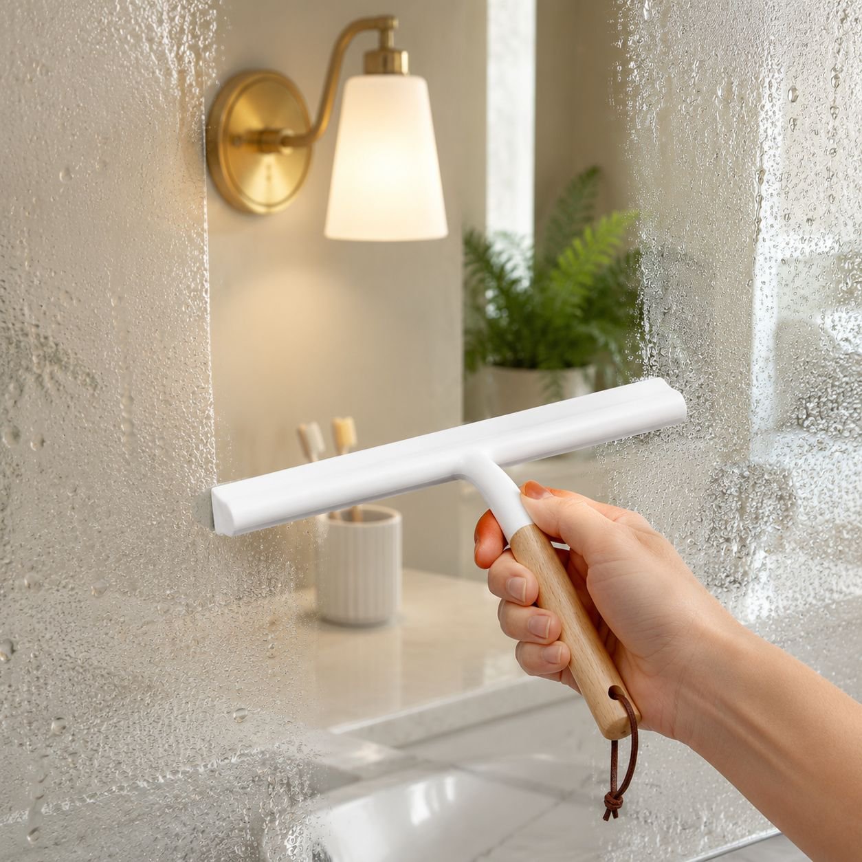 Shower Door Cleaning Using Silicone Squeegee