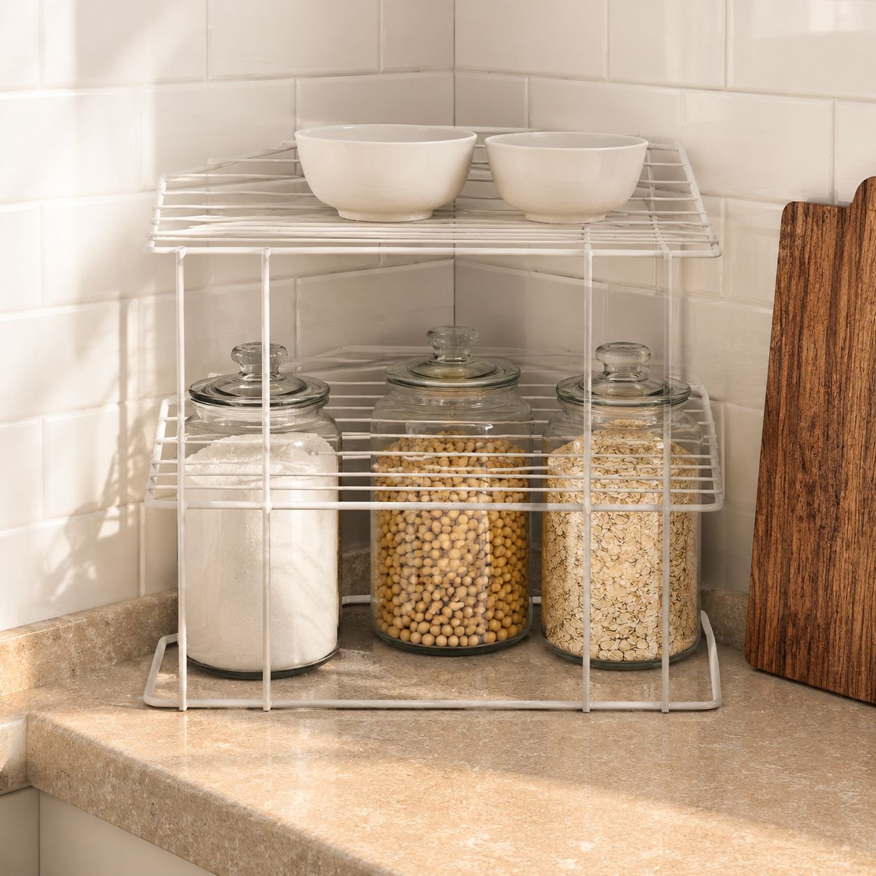Durable metal corner rack for maximizing workspace