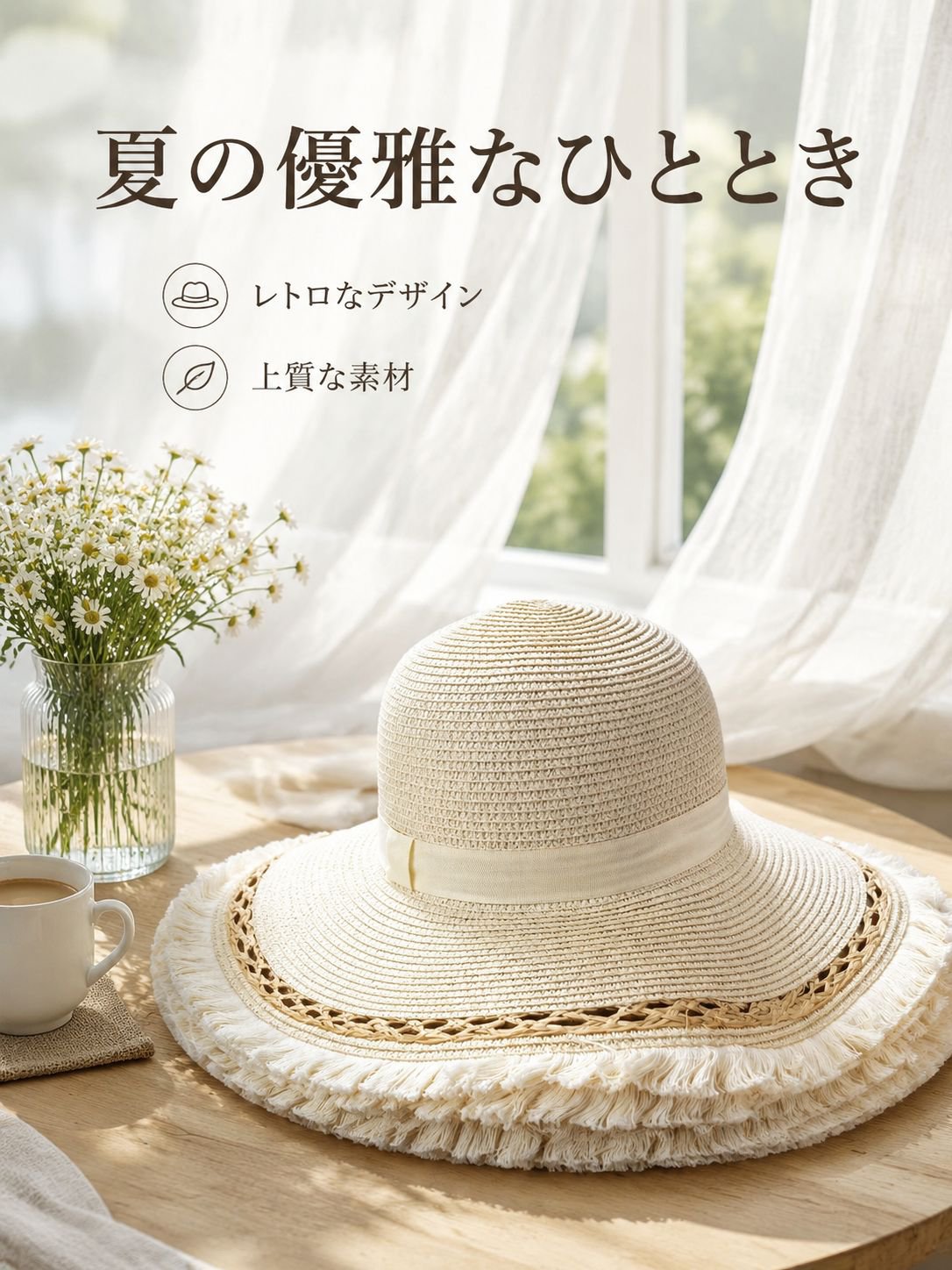 房飾りのついたつば広麦わら帽子
