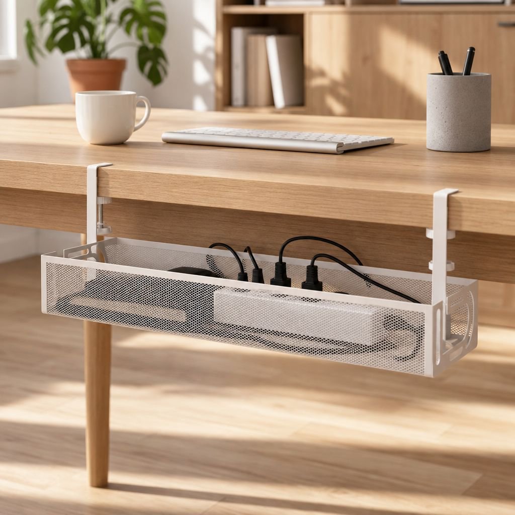 No-Drill Under Desk Power Strip Organizer installed under office desk