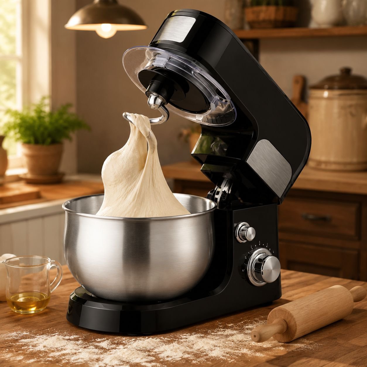 Close-up of stand mixer blending cake batter
