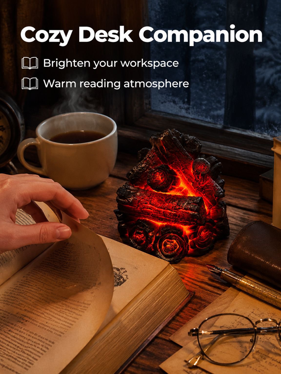 Battery-powered LED charcoal decor light for warm ambient illumination