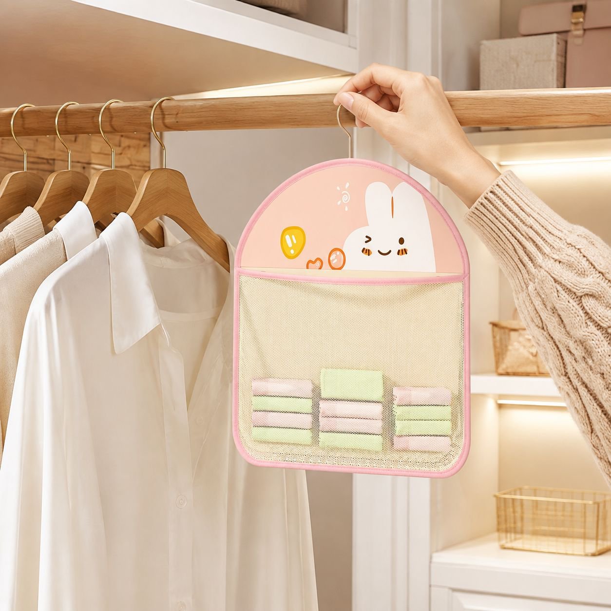 Hanging organizer with transparent pockets for easy access