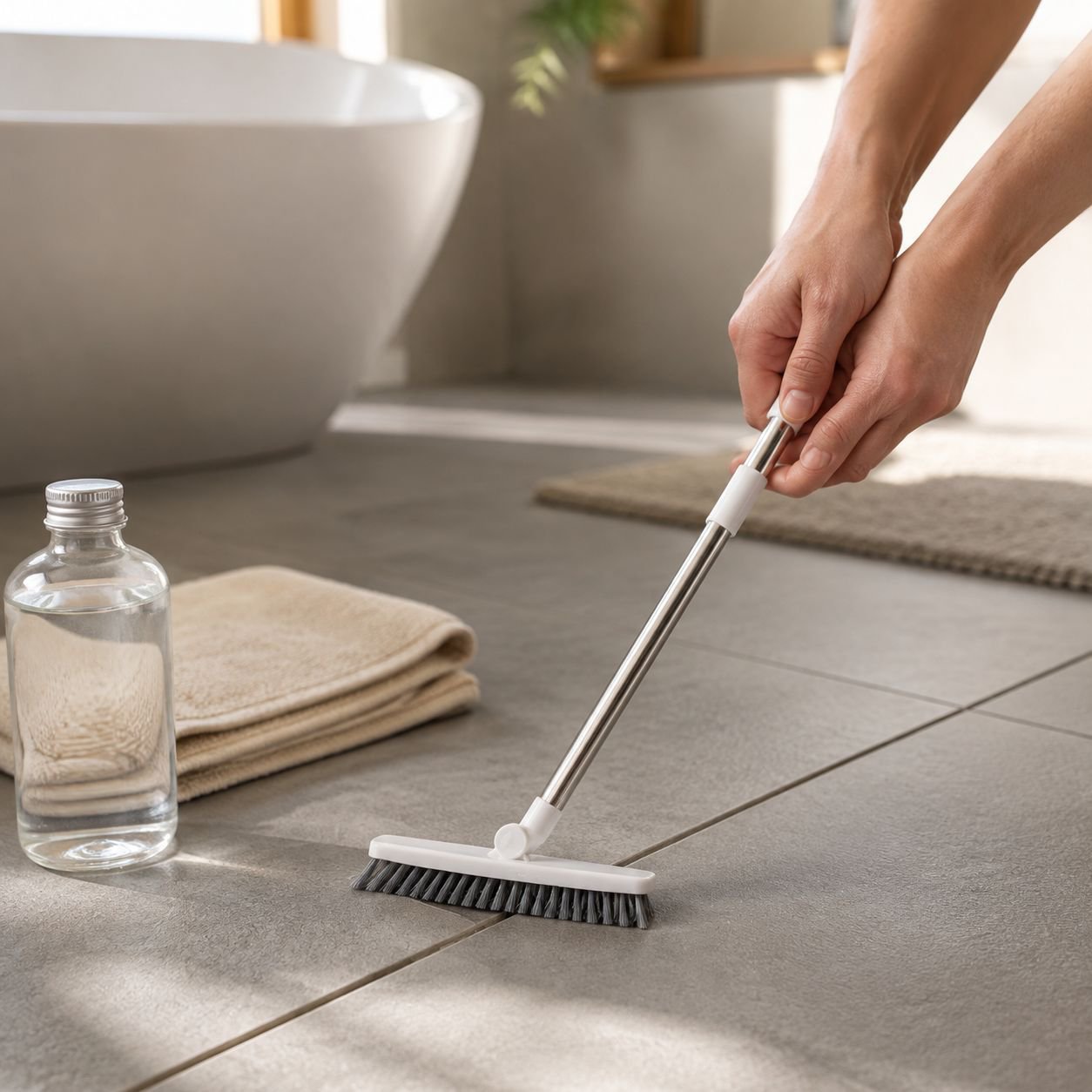 Cepillo de piso doméstico con mango largo y cerdas duras para limpiar rincones y azulejos en el baño