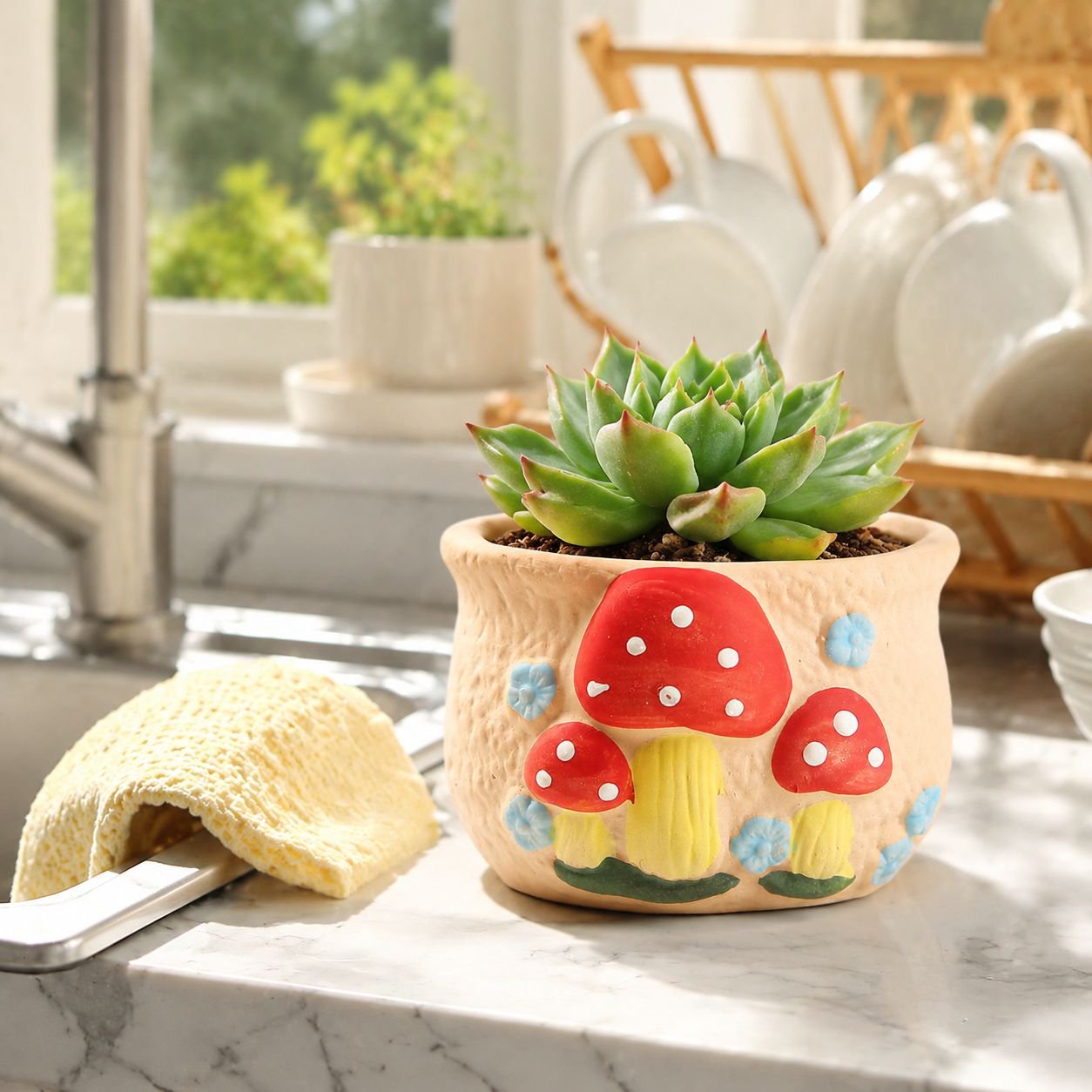 Close-up of ceramic mushroom decorative plant pot with small succulents