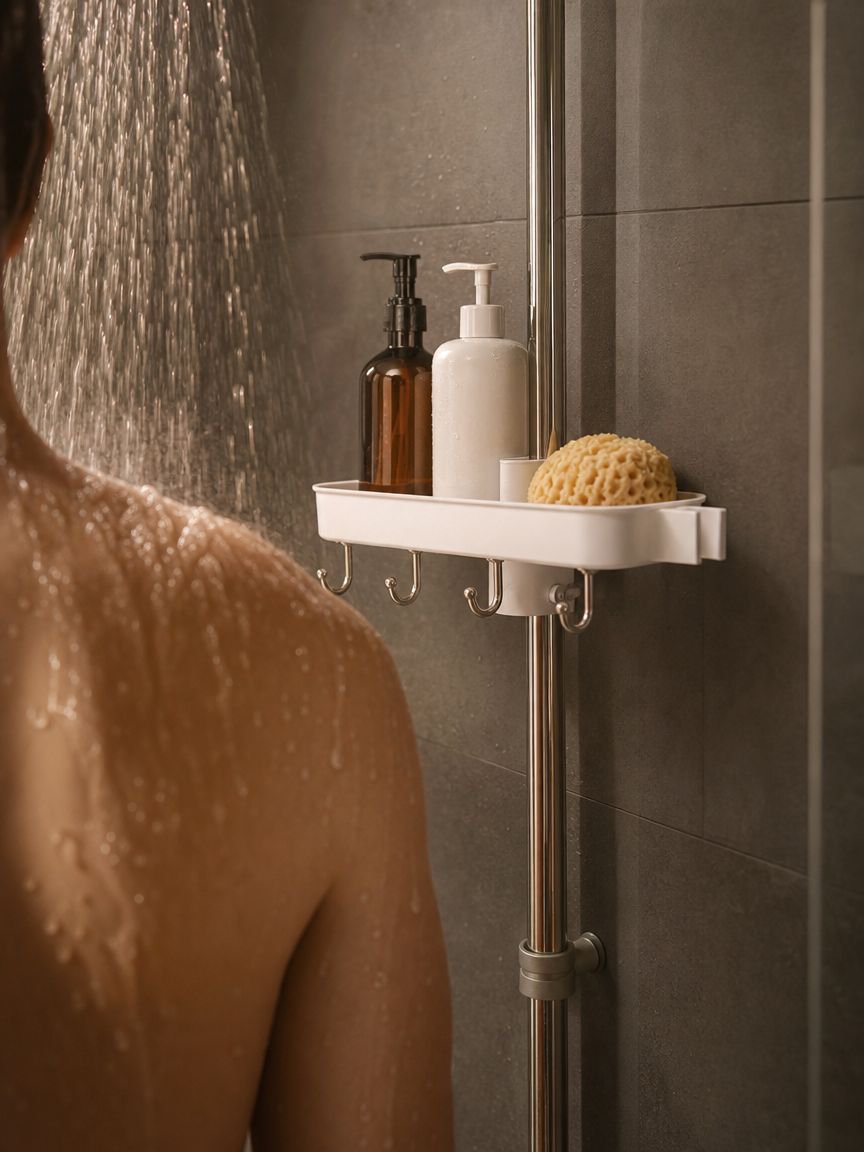 No-Drill Multifunctional Shower Head Holder Rack mounted in bathroom