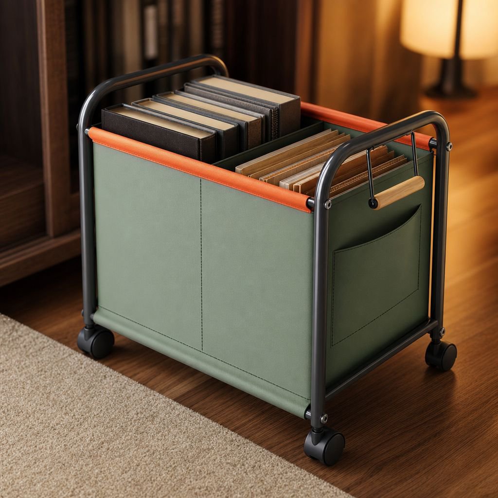 Office organizer rack holding books and stationery