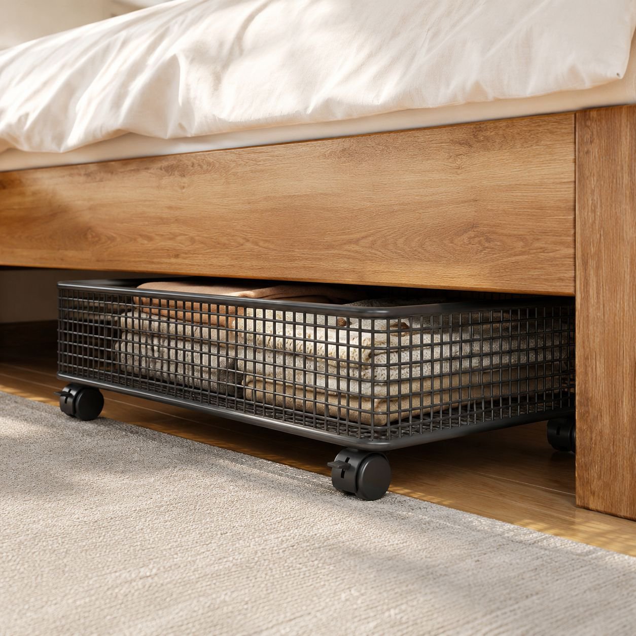 Space-saving metal under-bed storage box with casters
