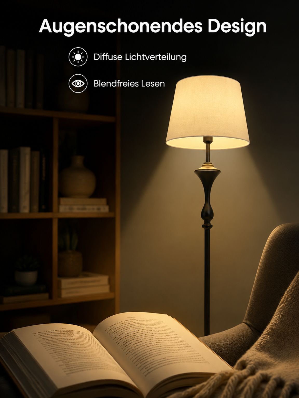 Multifunktionale Stehlampe mit integriertem Beistelltisch