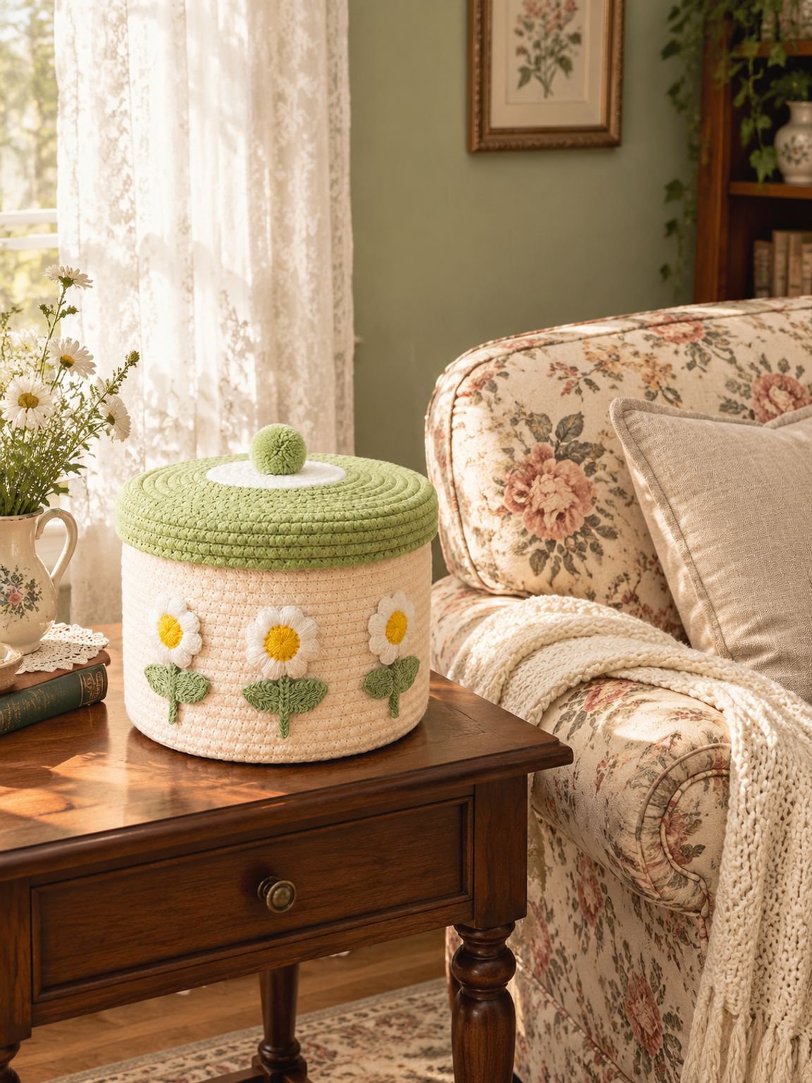 Stylish cotton woven basket with lid displayed on wooden shelf