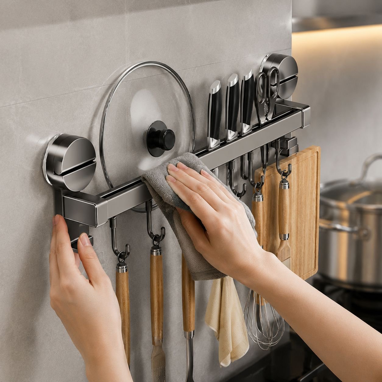 Stylish kitchen organization solution with metal hanging bar