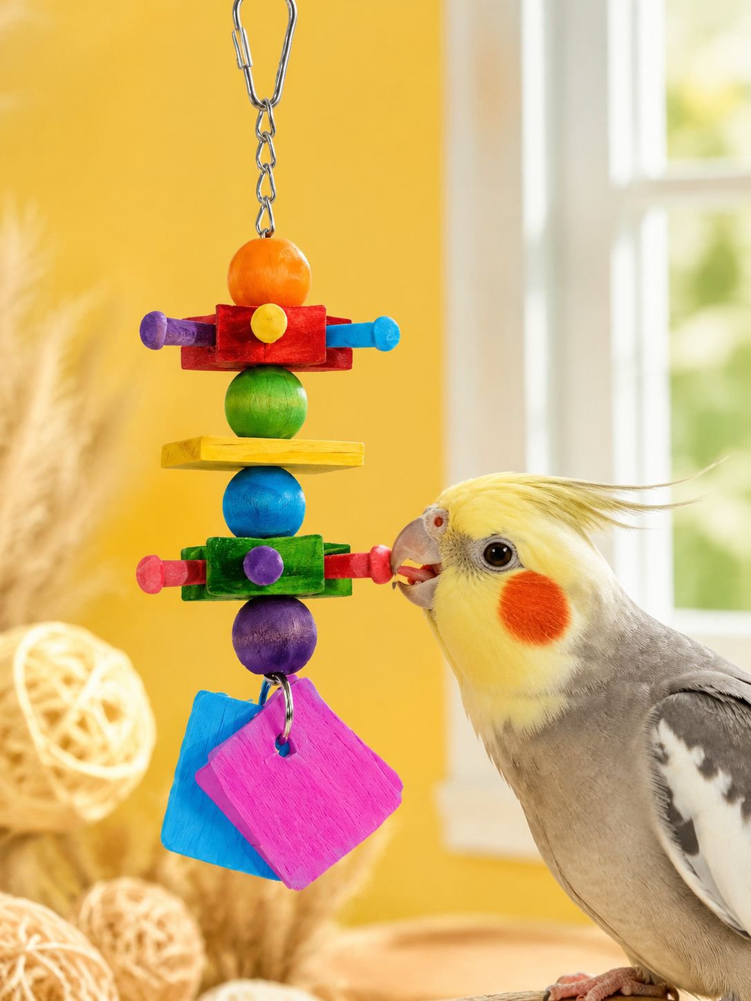 Interactive bird toy with colorful wooden chewing parts