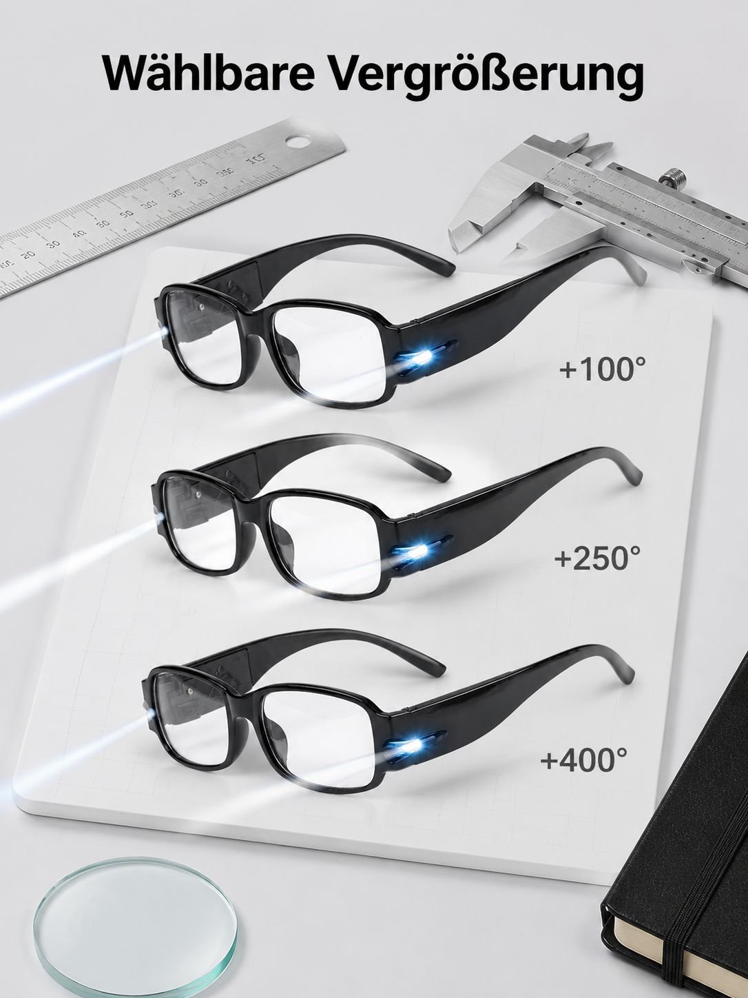 Night Vision LED Magnifying Glasses with UV Protection and Banknote Verification Function for Optica