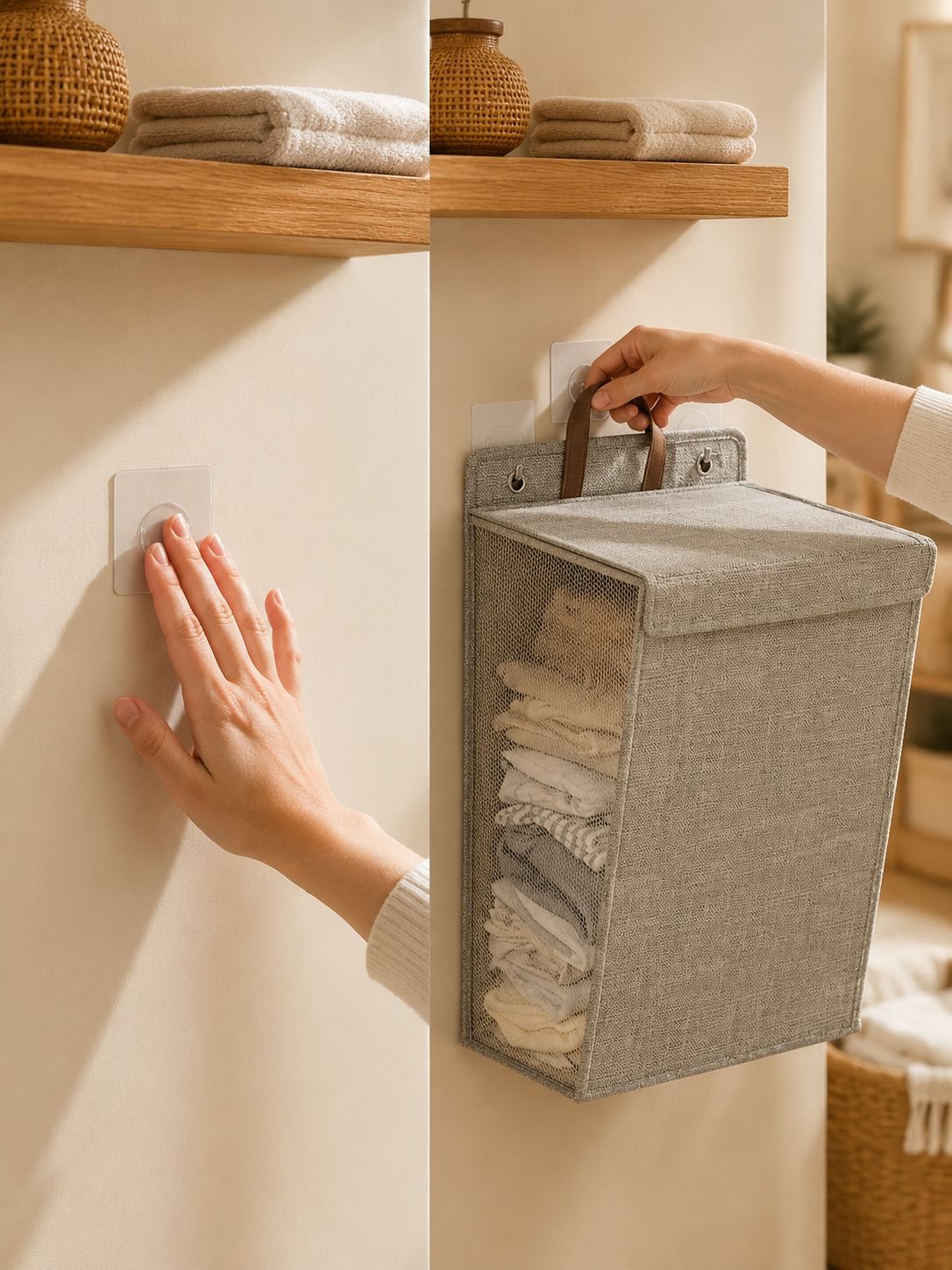 Cotton linen clothes basket in a bedroom