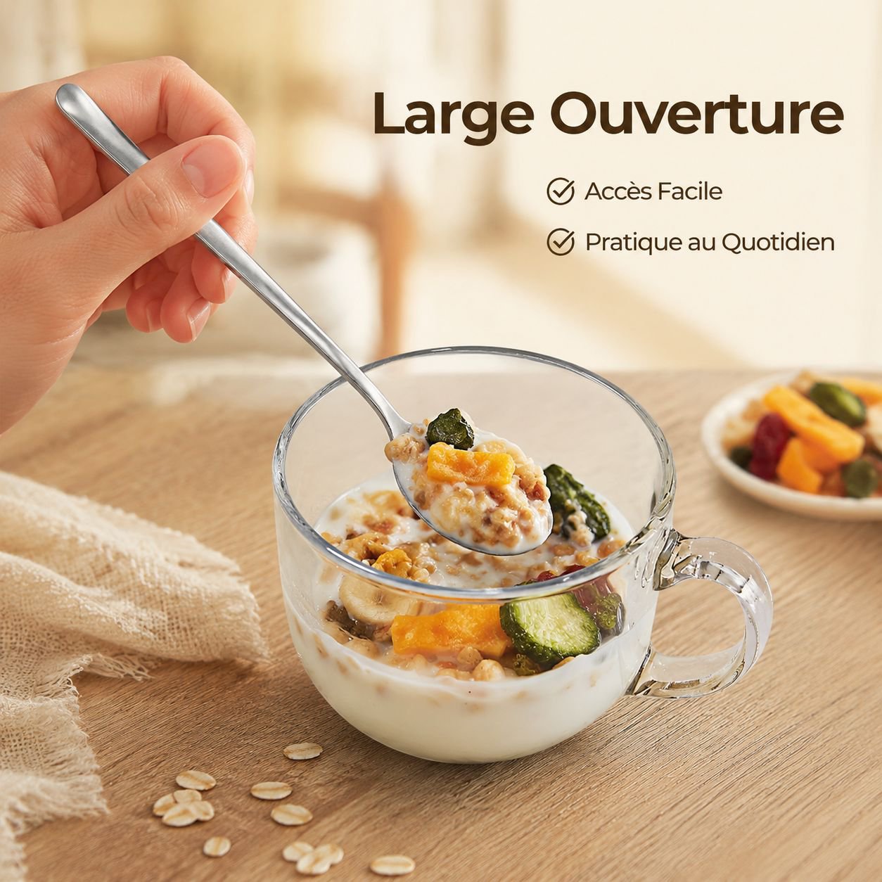 Verre à petit-déjeuner grande capacité avec couvercle et cuillère