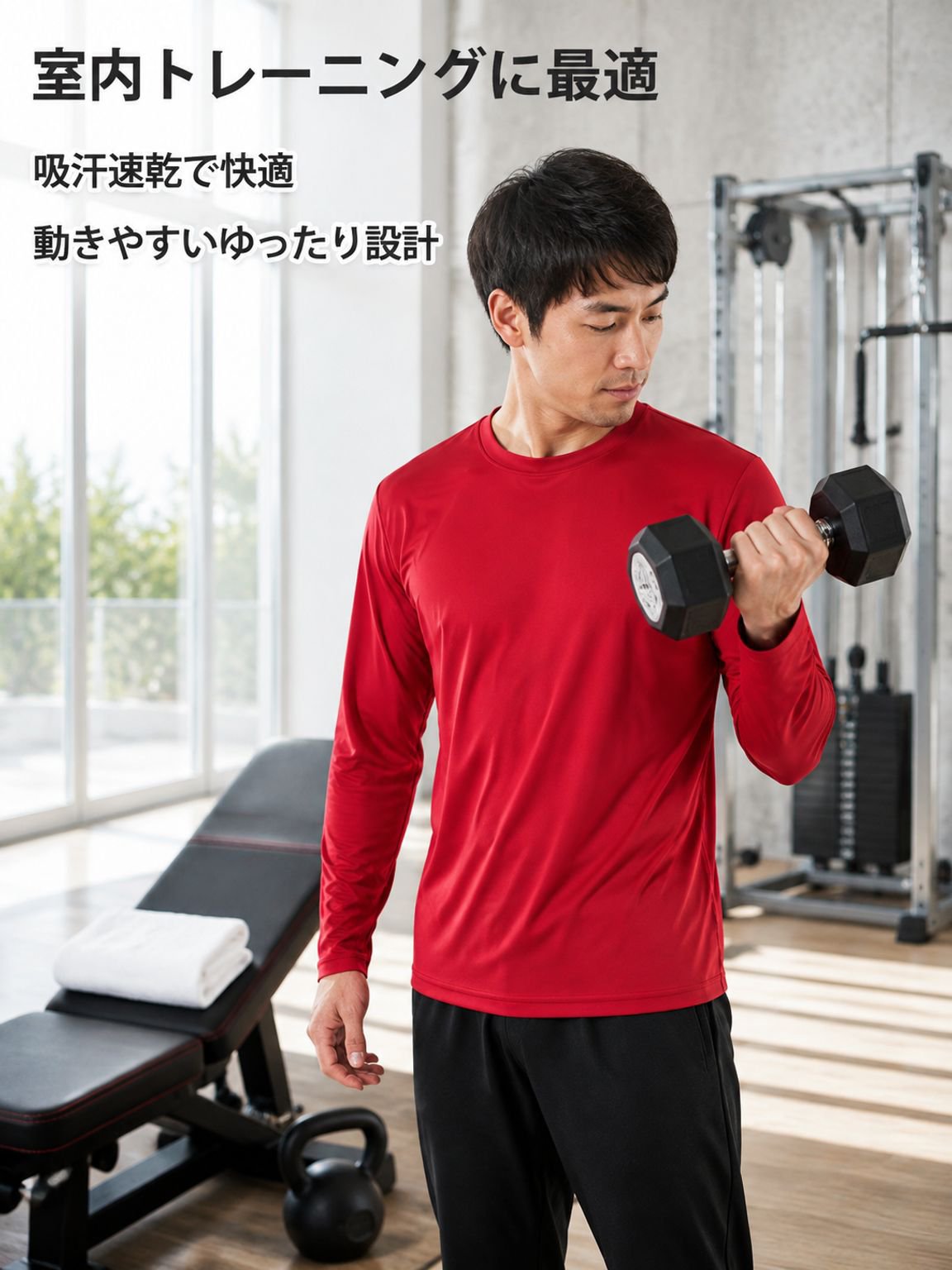 欧米サイズ メンズ長袖速乾トレーニングTシャツ クルーネック室内運動通気トップス