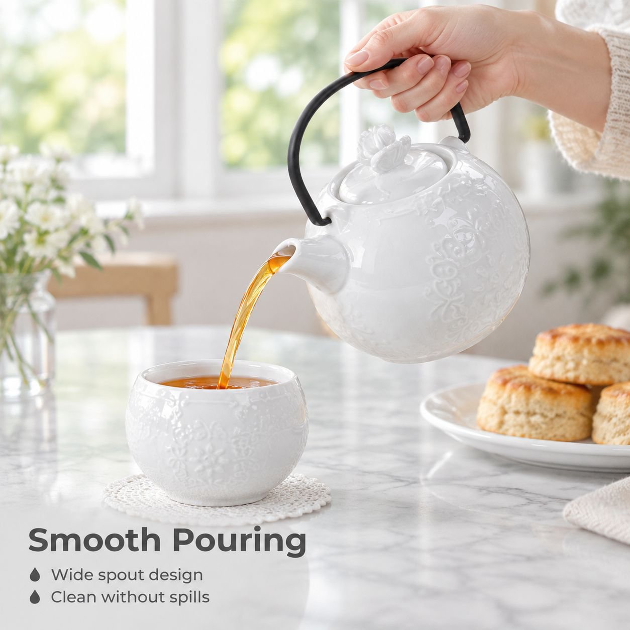 European-style ceramic teapot with butterfly relief