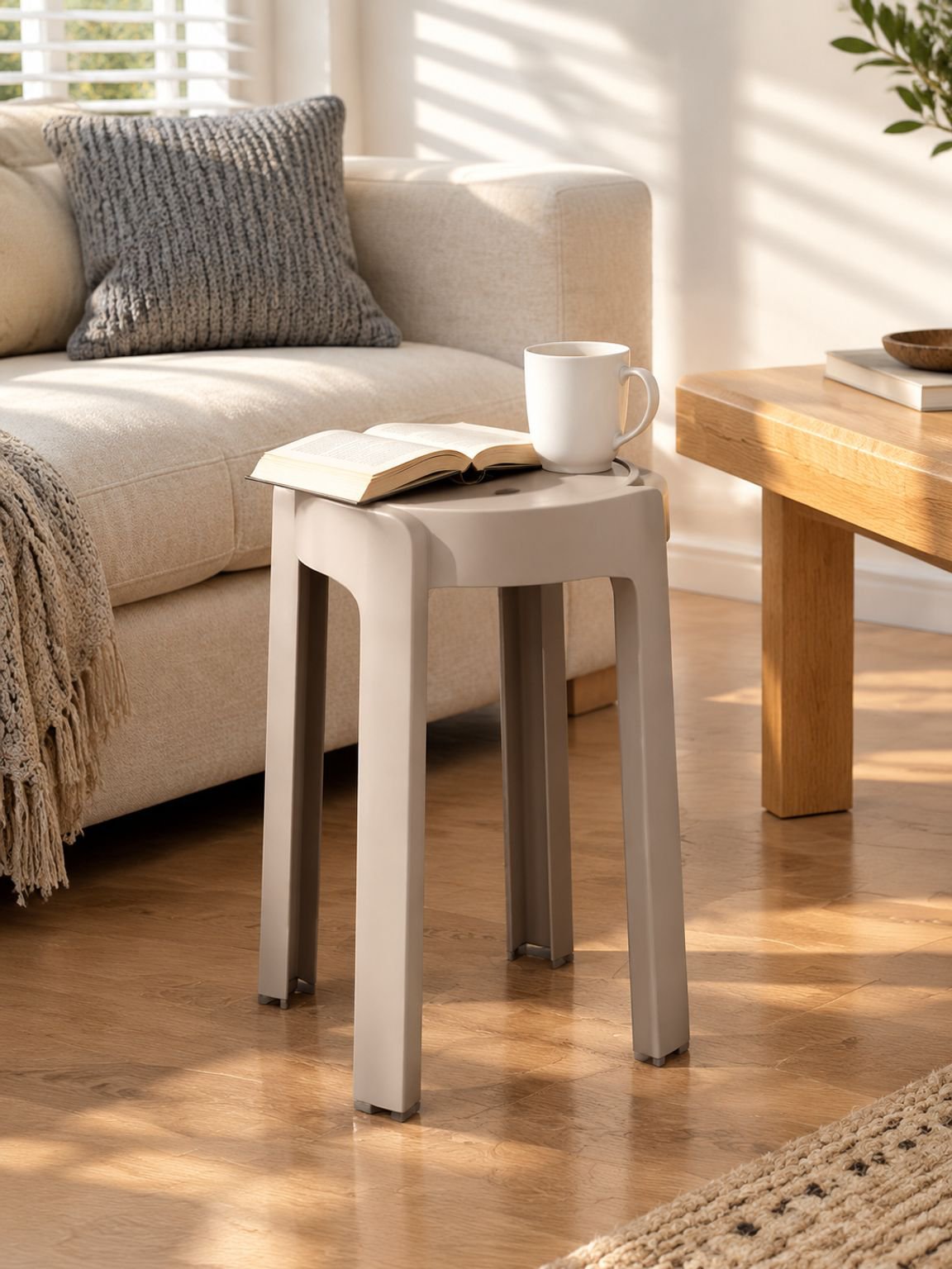 Plastic dining stool beside a modern table