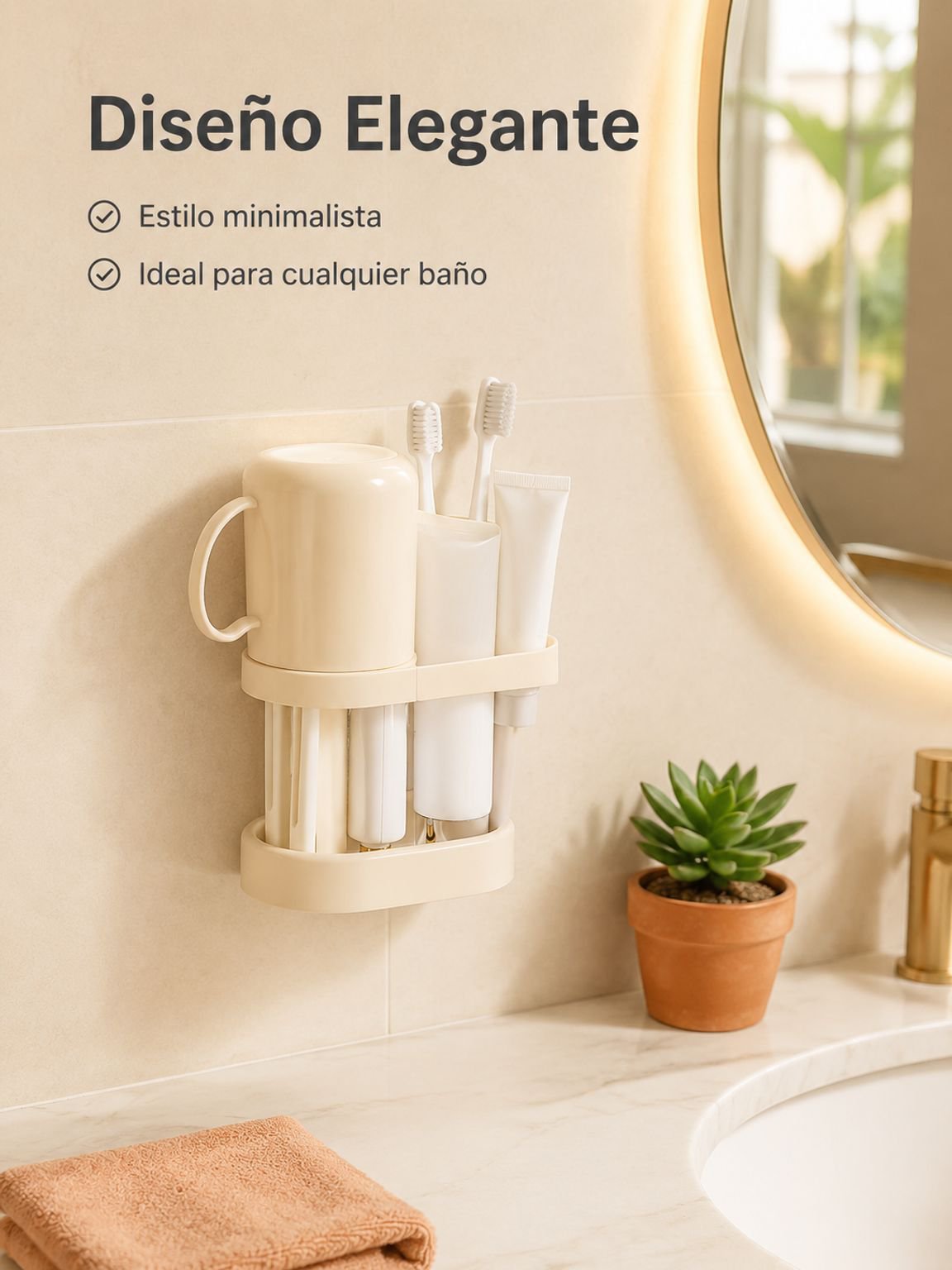 Soporte de cepillos de dientes con vaso de enjuague bucal y compartimentos, diseño minimalista