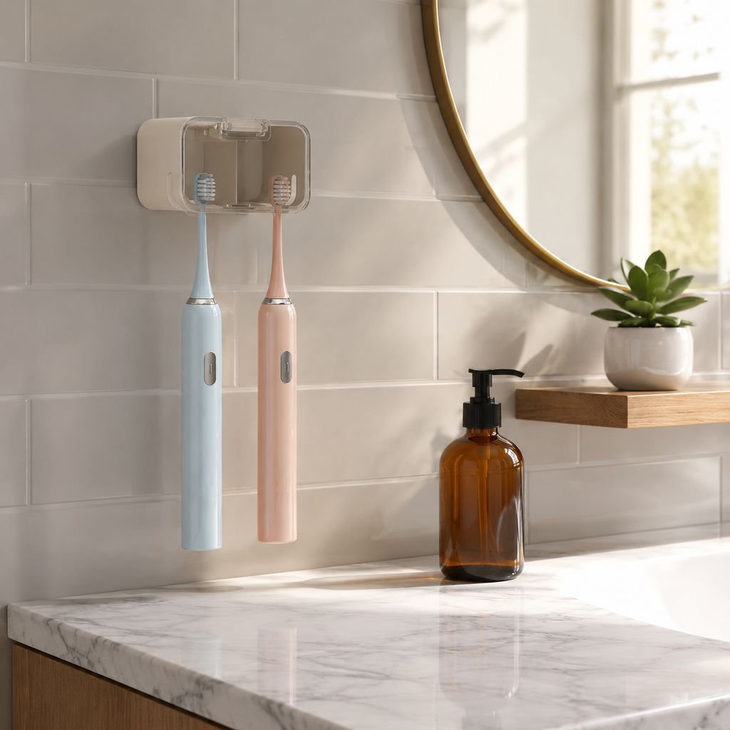 Wall-mounted toothbrush storage box with dustproof lid mounted in modern bathroom