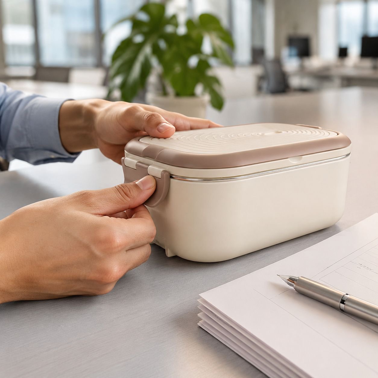 Heated lunch box with secure lid and handle