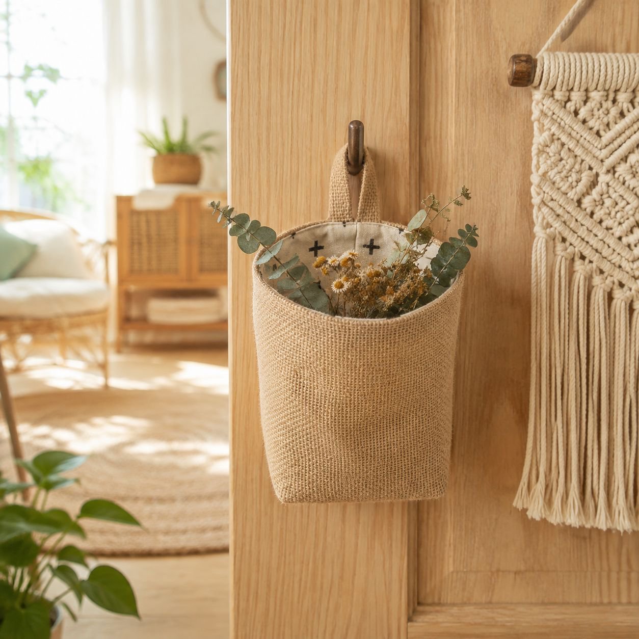 Cotton and linen storage hanging bags for hanging behind doors, on walls, and on desktops; jute stor