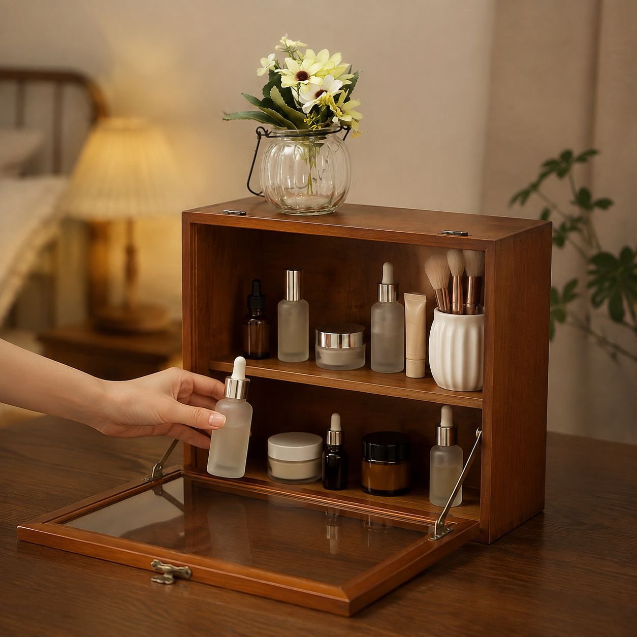 Dustproof Glass Door Two-tier Retro Wooden Cosmetics Storage Display Box