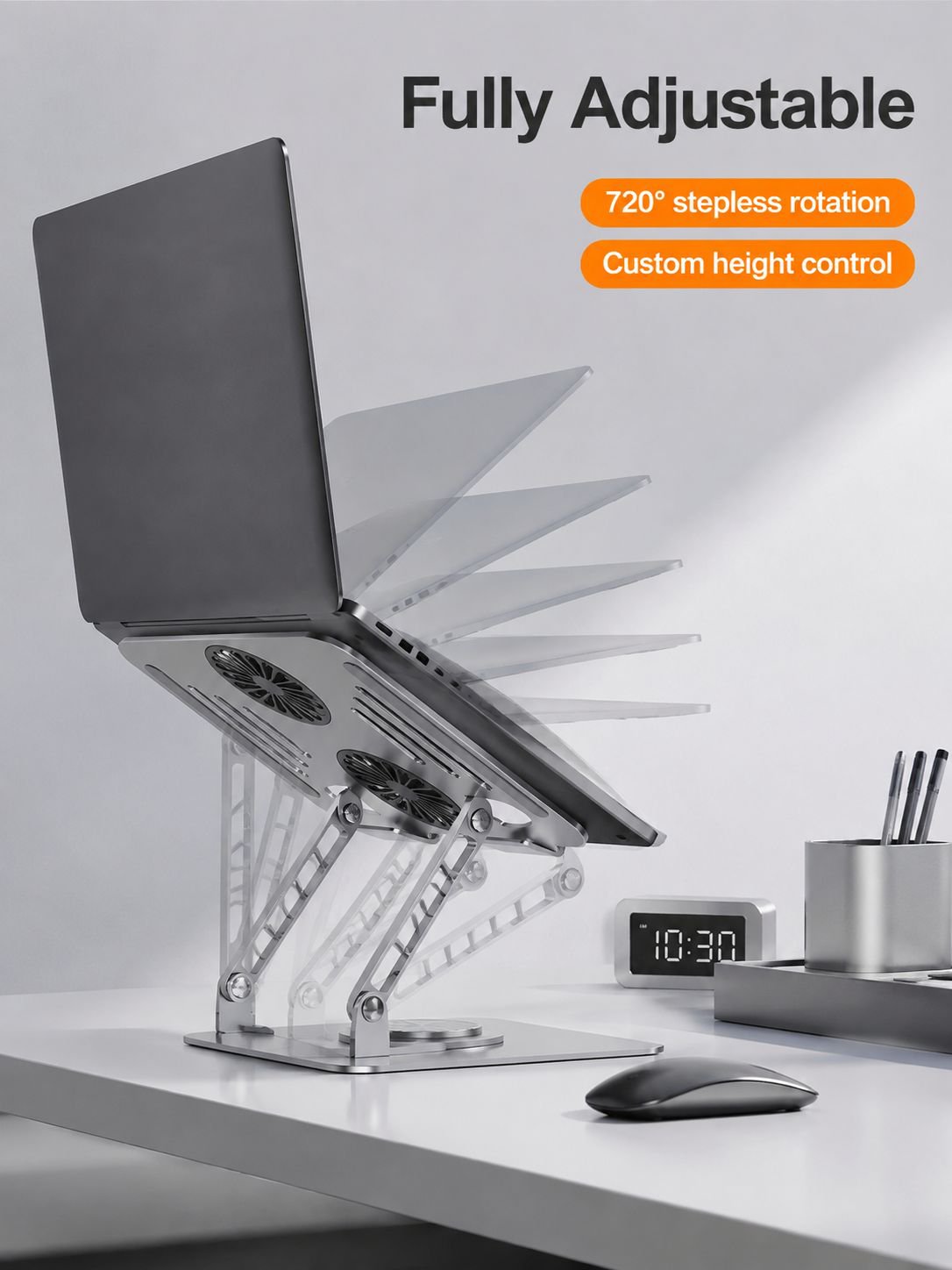 Dual-fan Hollow Cooling Laptop Stand, Portable Foldable Carbon Steel Height-Adjustable Support