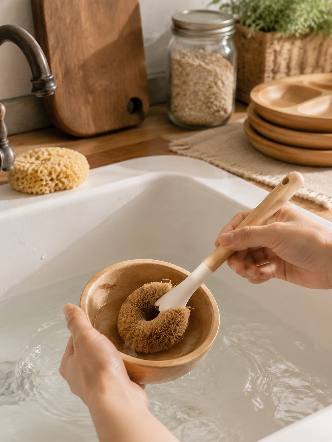 Coconut scrub brush cleaning sink effectively