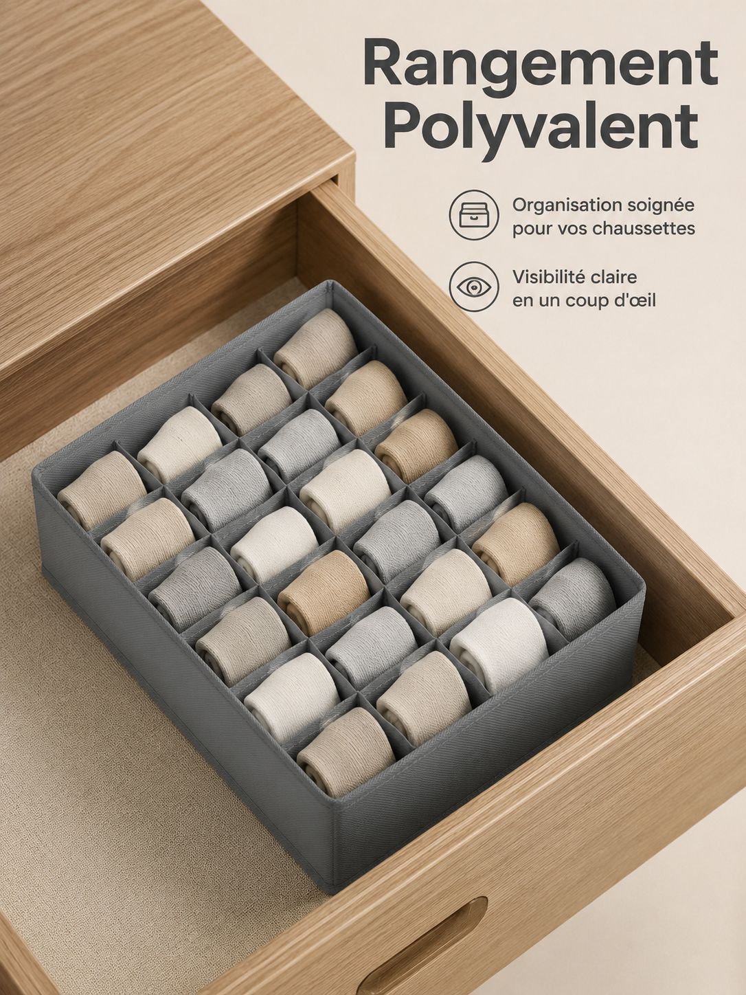 Boîte idéale pour séparer chaussettes, sous-vêtements et accessoires.