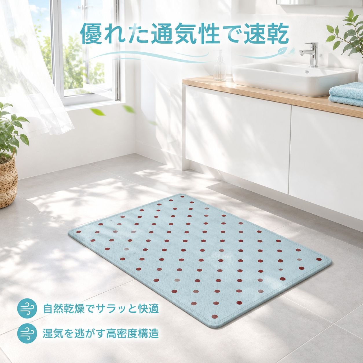 キュートなドット柄バスルーム用吸水マット リネン素材 耐汚れ速乾フロアマット
