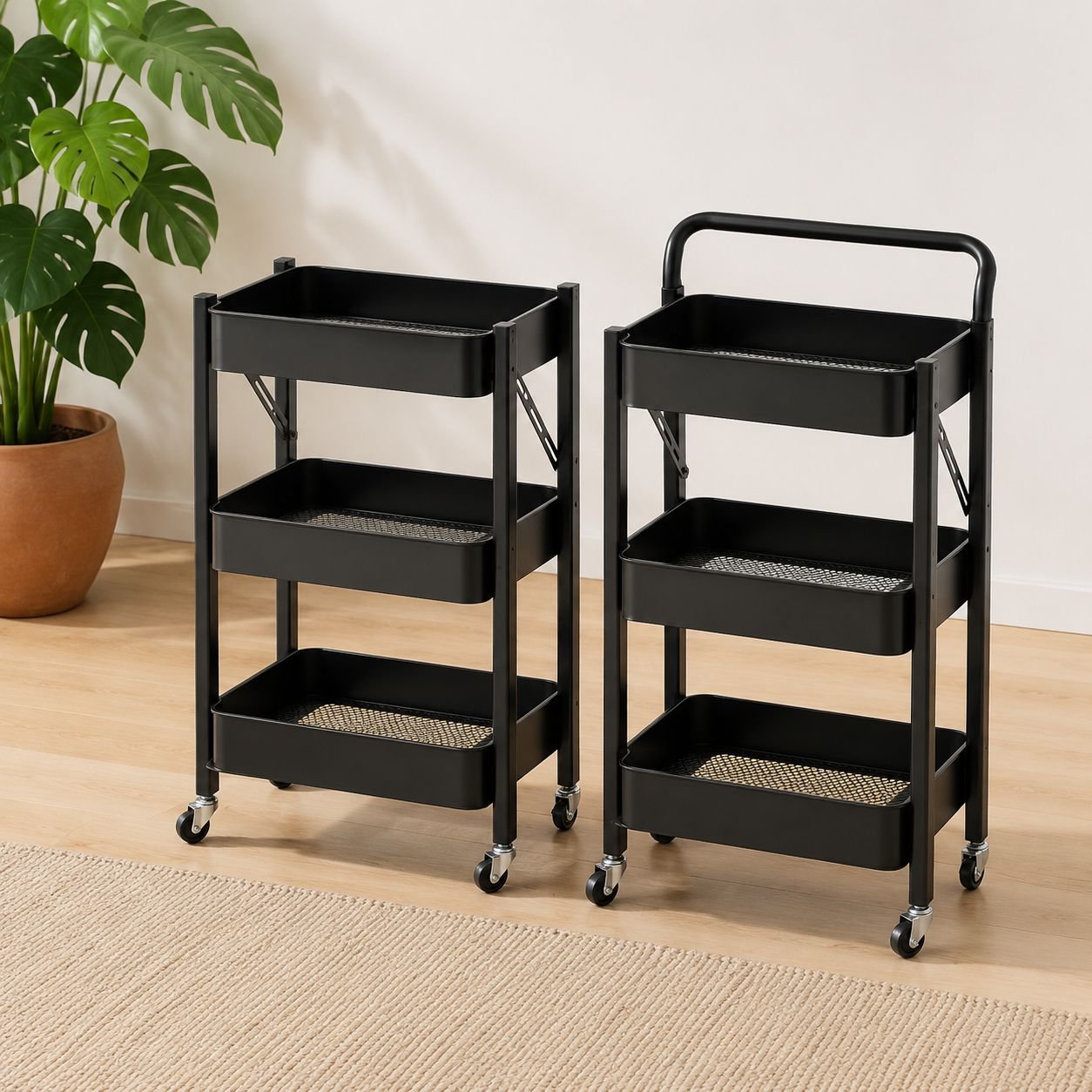 Small rolling cart storing kitchen utensils and groceries