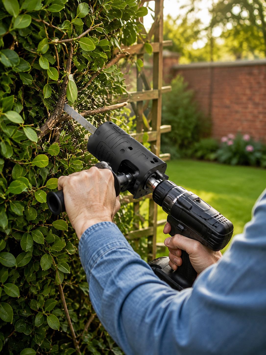 Electric drill converted to reciprocating saw with adapter