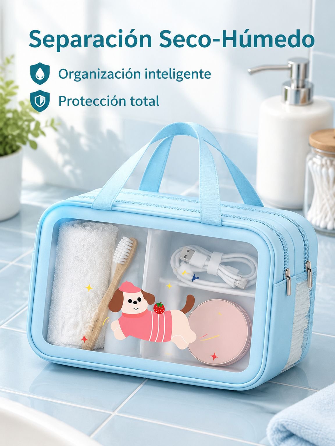 Neceser de viaje transparente impermeable portátil, gran capacidad, separación seco-húmedo