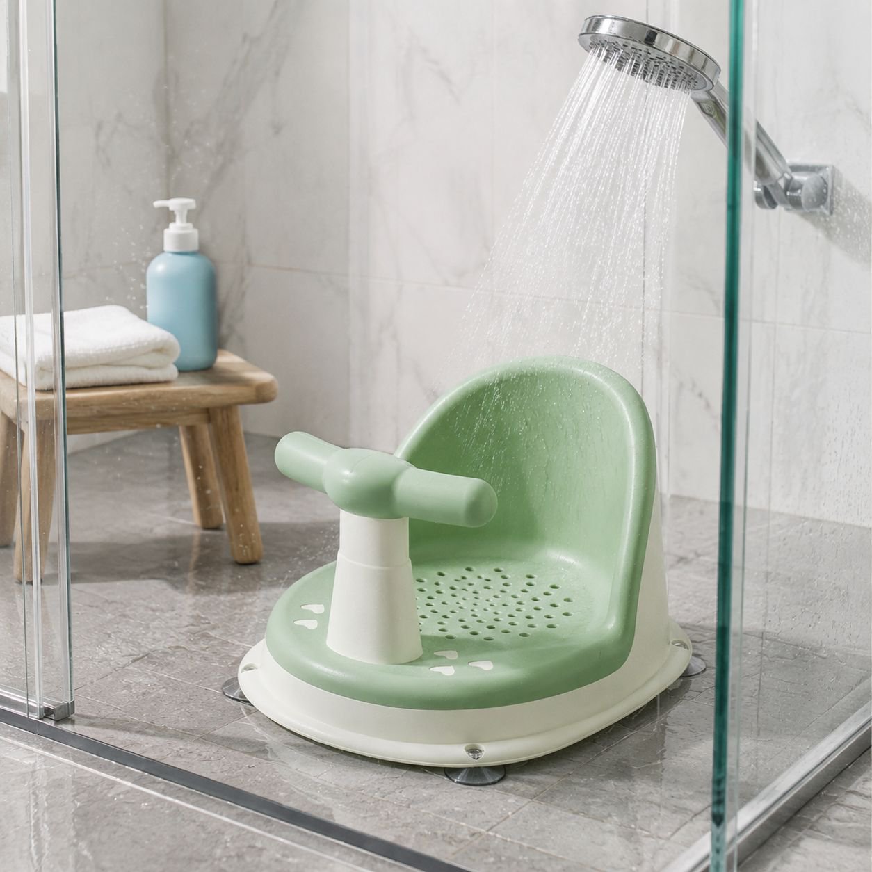 Bebé sentado en silla de baño en la bañera