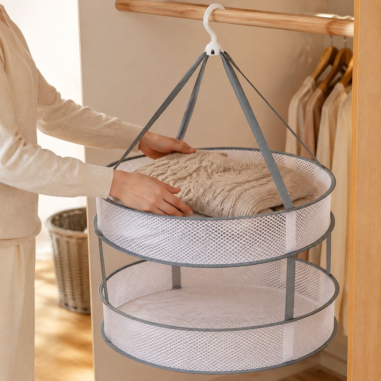 Lazy Double-Layer Foldable Drying Rack, Anti-Wind Sweater Drying Net Basket