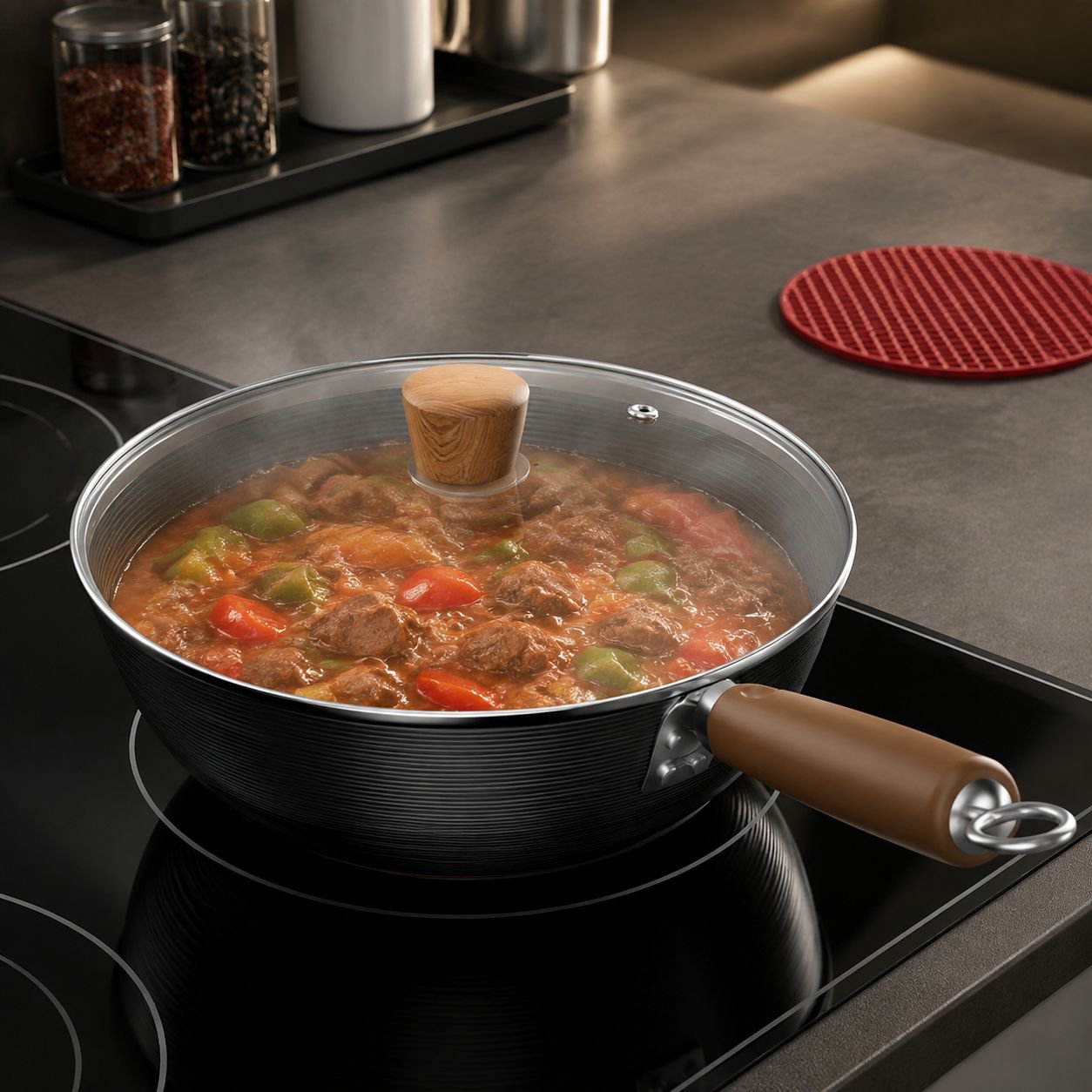 Easy grip threaded handle frying pan close-up