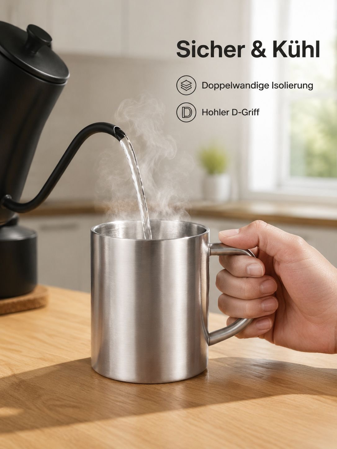 Thermobecher aus 304-Edelstahl mit Doppelwand und hitzebeständigem Griff