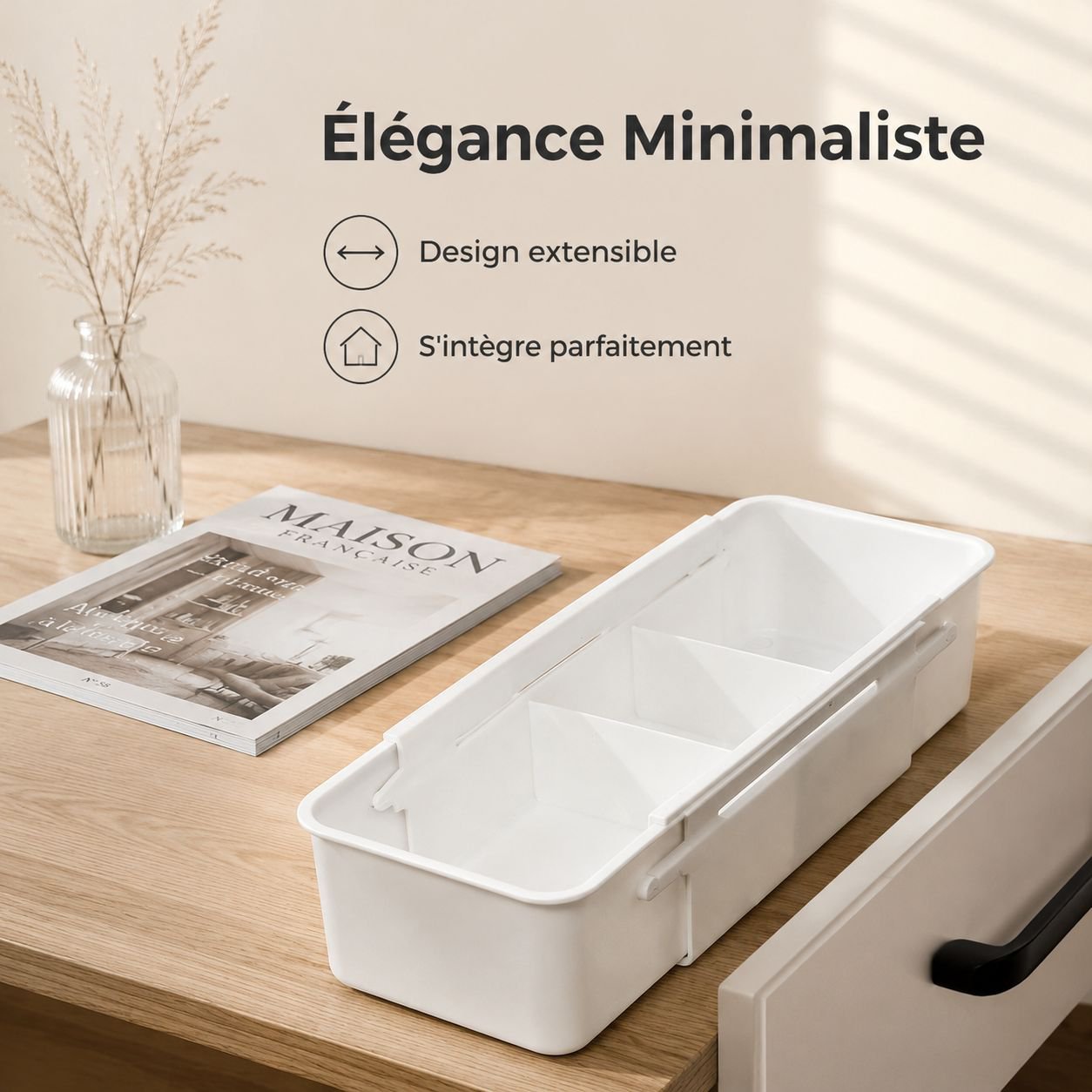 Boîte de rangement à séparateurs extensibles pour tiroir