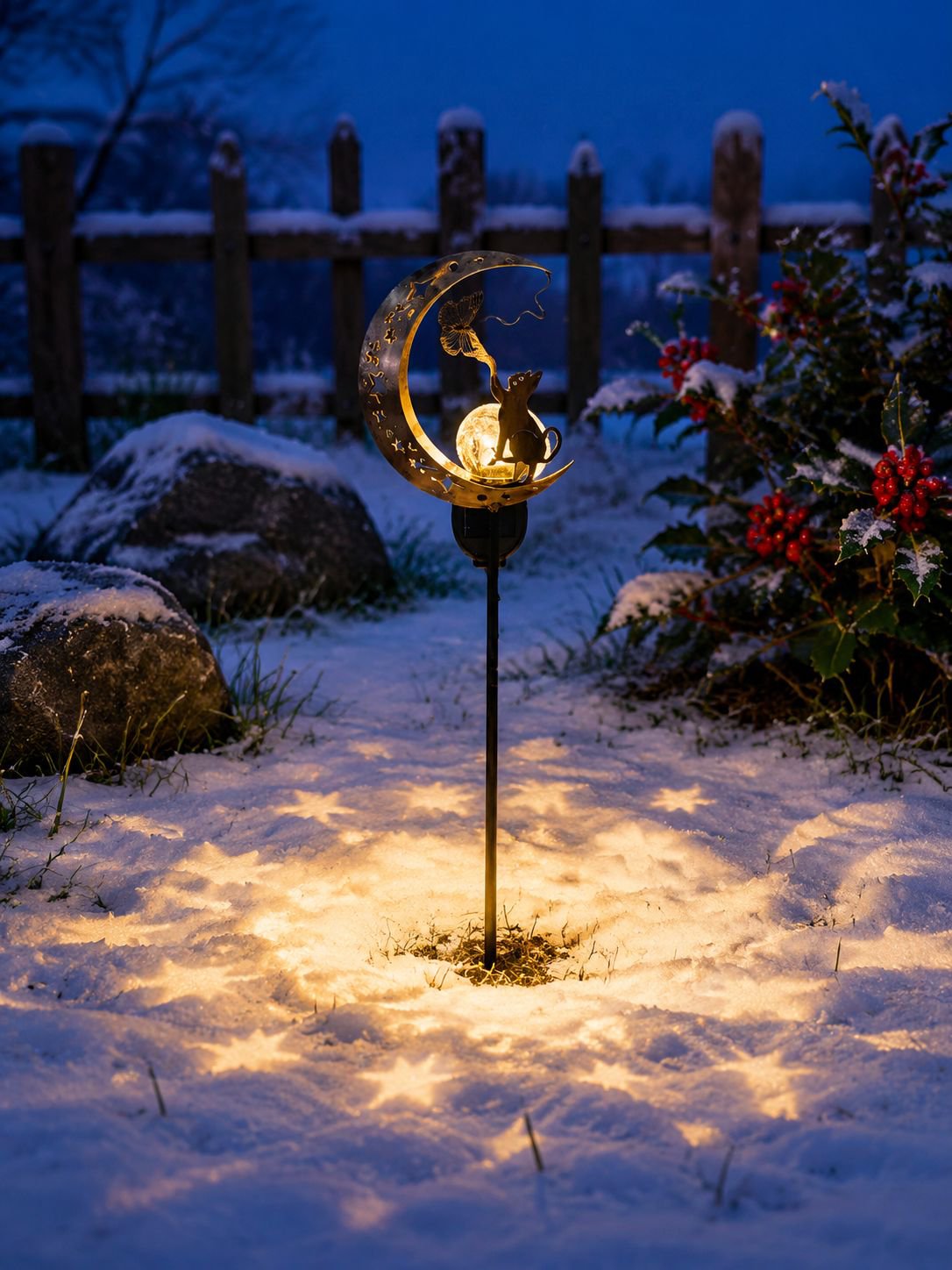 Katzenmotiv Solarlampe auf Terrasse platziert