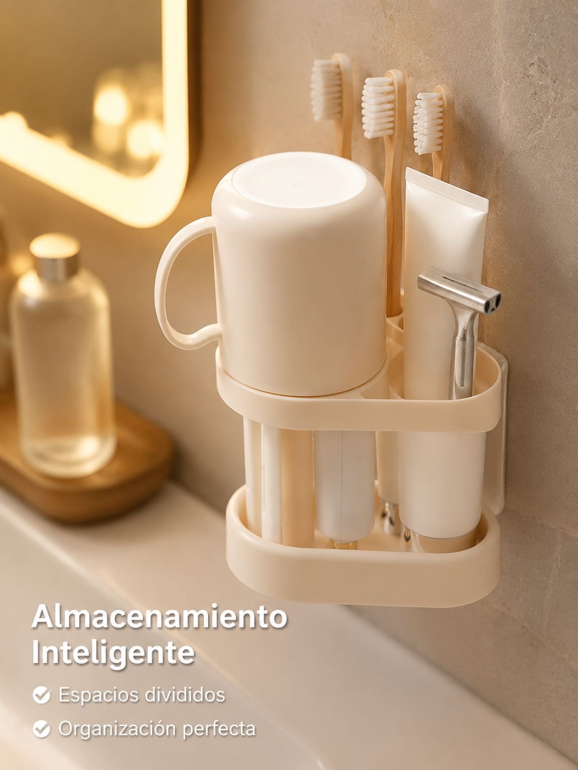 Soporte de cepillos de dientes con vaso de enjuague bucal y compartimentos, diseño minimalista