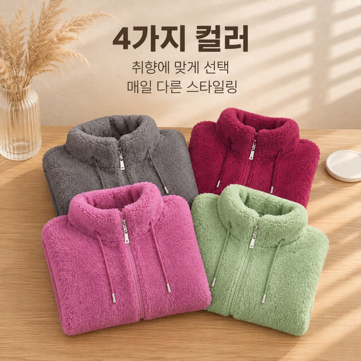양면 플리스 및 도톰한 안감 적용 여성용 보온 스탠드 칼라 재킷
