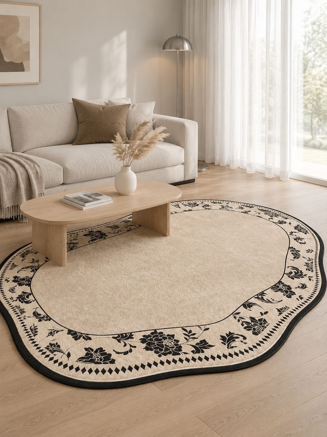 Unregelmäßig geformter Teppich unter einem Sofa