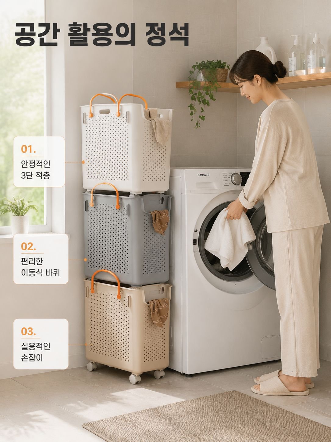 다기능 일본식 좁은 틈 쌓을 수 있는 빨래 바구니