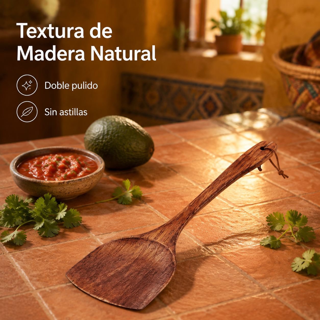 Espátula de madera de haya para cocinar en la cocina.
