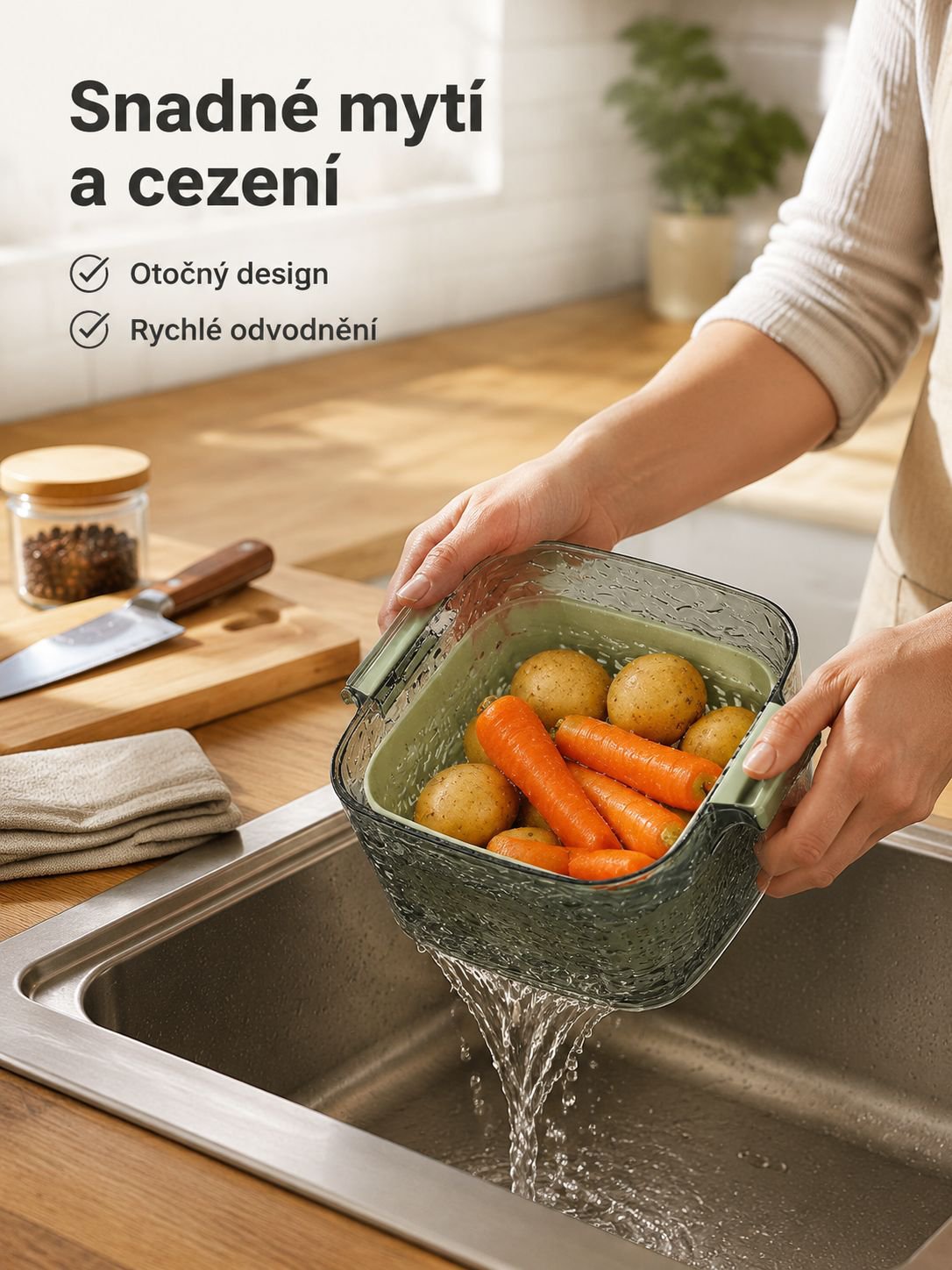 Multifunkční dvouvrstvý odkapávač a umyvadlo na zeleninu a ovoce do kuchyně