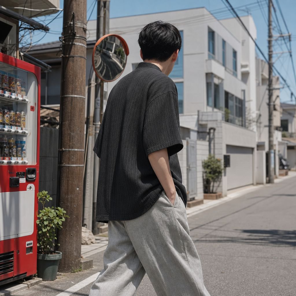 メンズ夏用ゆったり魚骨柄ヘンリーネック半袖カジュアルTシャツ