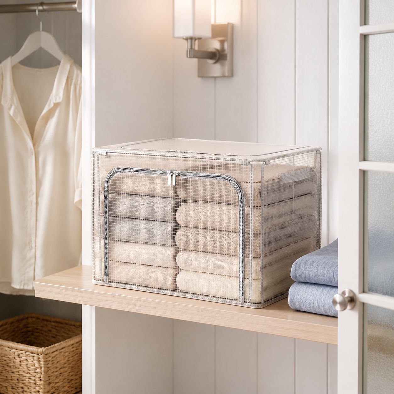 Waterproof and moisture-proof transparent mesh steel frame storage box for rainy season, waterproof 